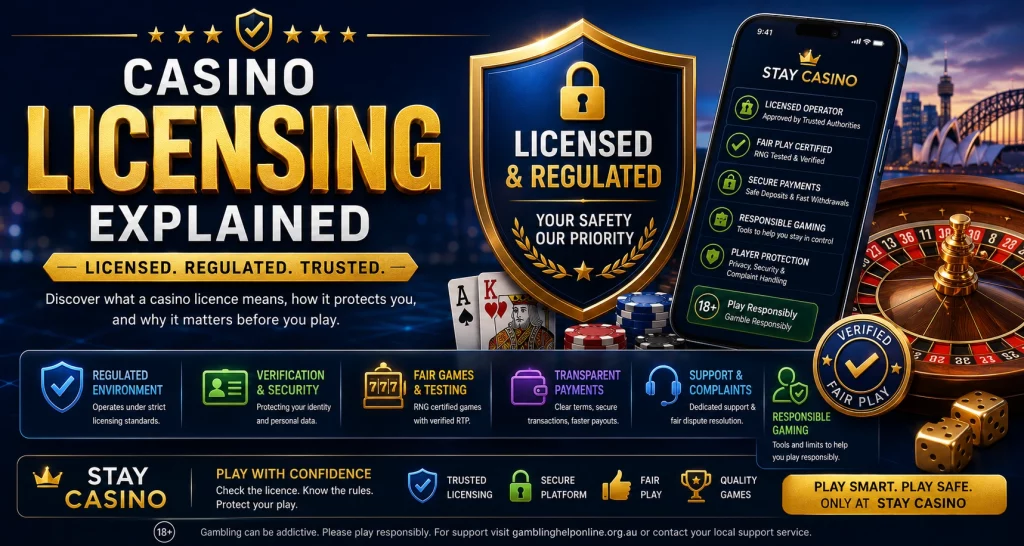 Casino Licensing Explained banner with luxury casino background, glowing shield icon, official licence certificate elements, roulette wheel, poker chips, and modern Australian online casino theme in gold and dark blue colors
