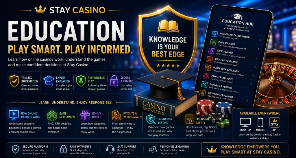 Stay Casino Education banner with luxury blue and gold design, casino knowledge shield, smartphone education hub, roulette wheel, poker chips, graduation cap, and online casino learning concepts including RTP, RNG, payouts, volatility, fairness, and licensing