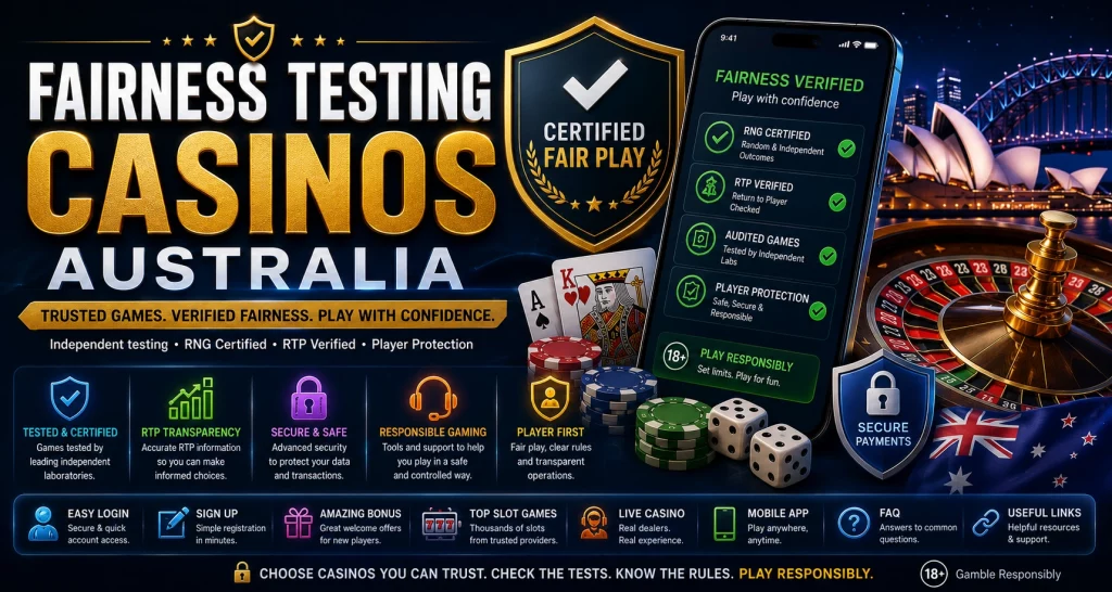 Fairness Testing Casinos Australia banner with certified fair play shield, roulette wheel, casino chips, smartphone verification screen, Sydney skyline, and secure online casino gaming theme in gold and blue colors