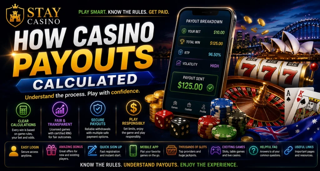 How Casino Payouts Calculated banner with smartphone payout screen, roulette wheel, slot machine, casino chips, glowing gold typography, and Australian casino skyline in a modern dark luxury style