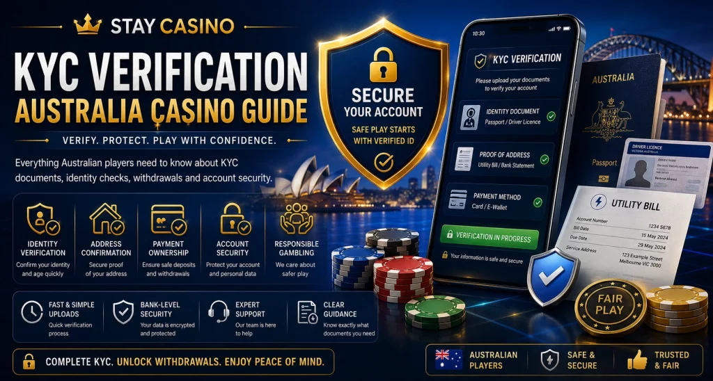 KYC Verification Australia Casino Guide banner with secure identity verification shield, smartphone document upload, glowing casino background, Australian skyline, poker chips, and modern blue-gold security theme for online casino players