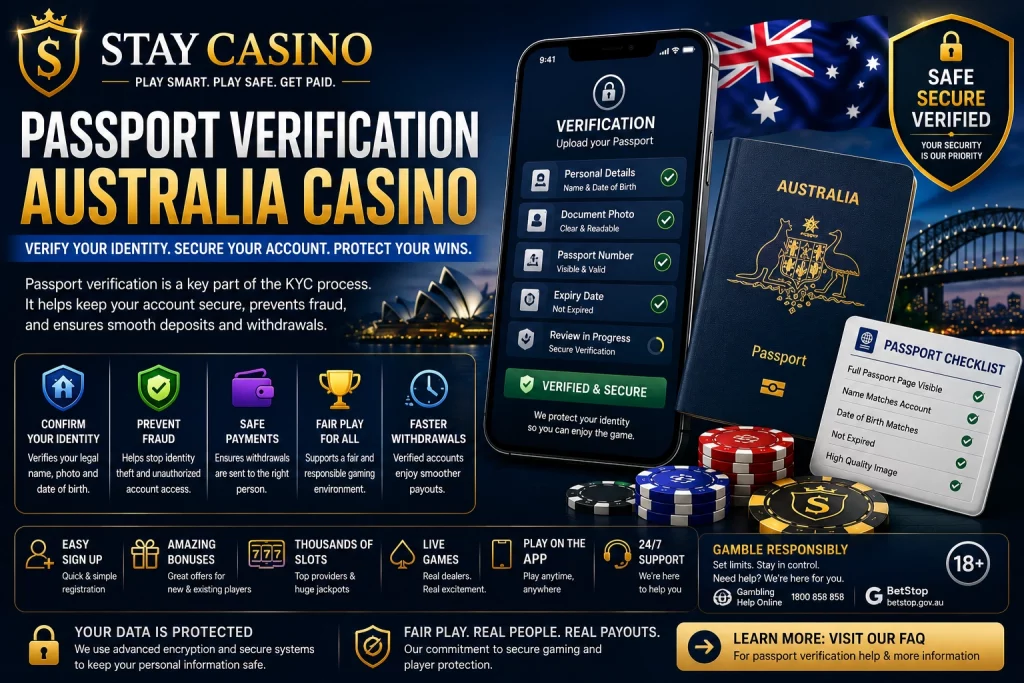Passport Verification Australia Casino banner for Stay Casino featuring secure passport identity check, smartphone document upload, biometric verification shield, Australian skyline, casino chips, gold and blue security theme, and safe withdrawal verification process for online casino players.