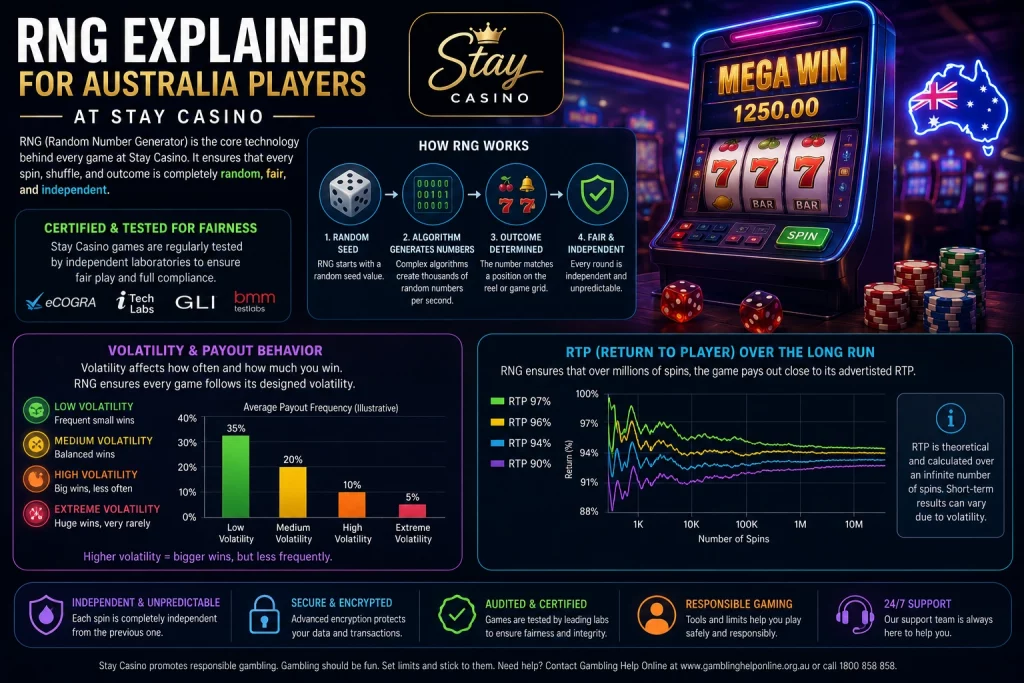 Stay Casino RNG Explained for Australia Players banner featuring secure digital casino technology, glowing reels, data streams, fairness verification visuals, and modern Australian online gaming atmosphere in a premium blue and gold style.