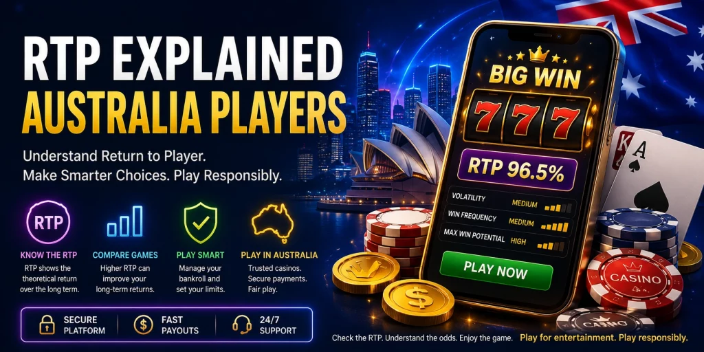 RTP Explained Australia Players banner with online slot reels, RTP percentage dashboard, Australian casino theme, glowing charts, poker chips, and mobile gaming interface
