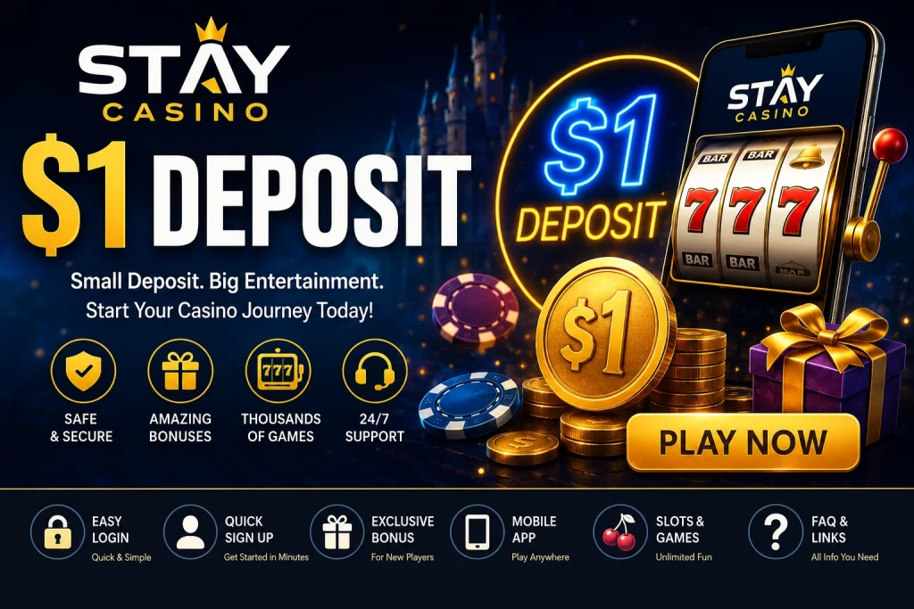 Stay Casino $1 Deposit promotional banner with mobile slots, gold coins, neon casino lighting, and online gaming interface