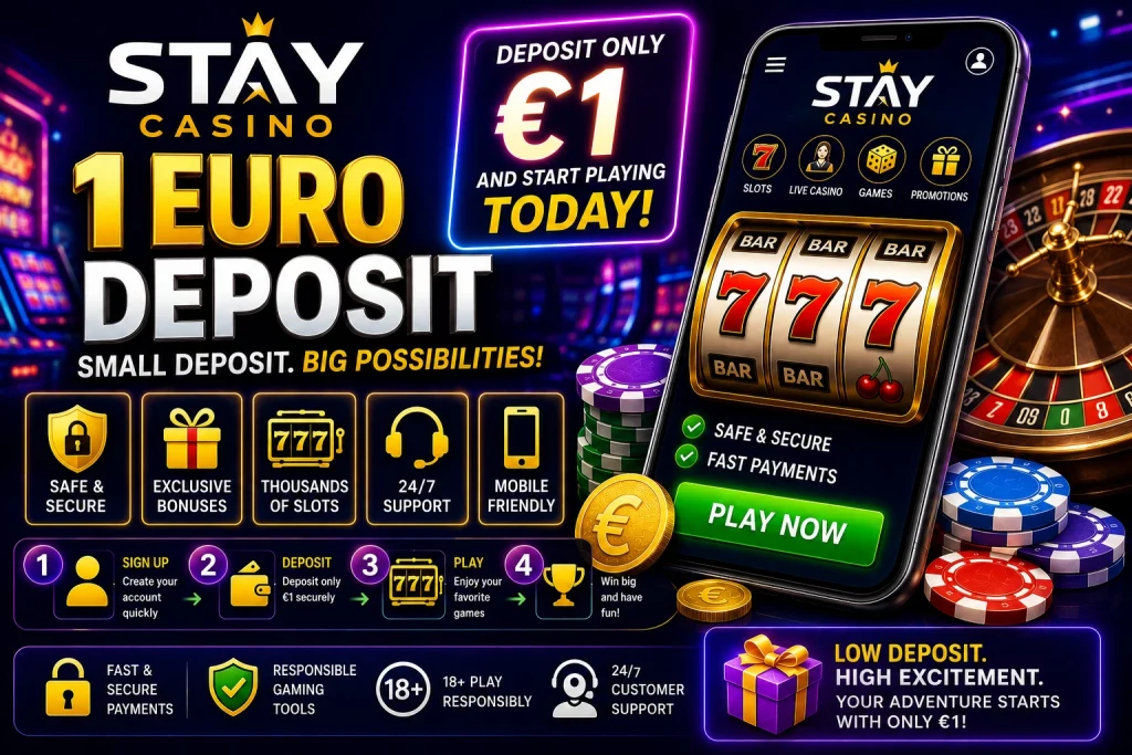 Stay Casino 1CAD Dollar Deposit banner with neon casino lights, Canadian dollar theme, mobile slots, roulette wheel, and online gaming interface