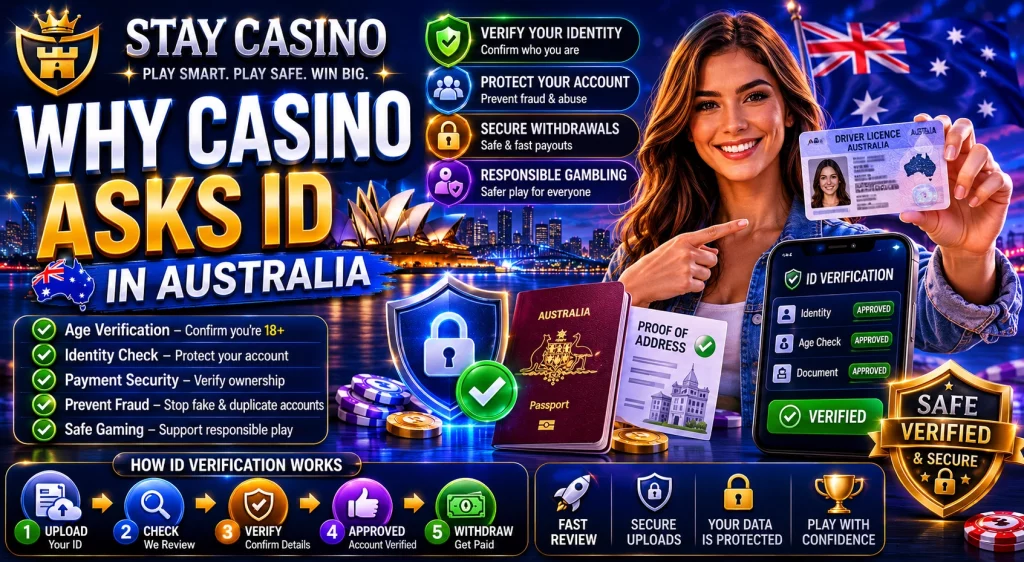 Why Casino Asks ID Australia banner for Stay Casino featuring secure identity verification, Australian driver licence and passport, mobile KYC approval dashboard, Sydney Opera House and Harbour Bridge, casino chips, fraud protection shield, safe withdrawals, and premium blue-gold online casino security design.
