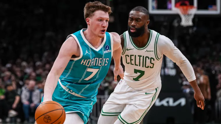Charlotte Hornets guard Kon Knueppel against Boston Celtics guard Jaylen Brown