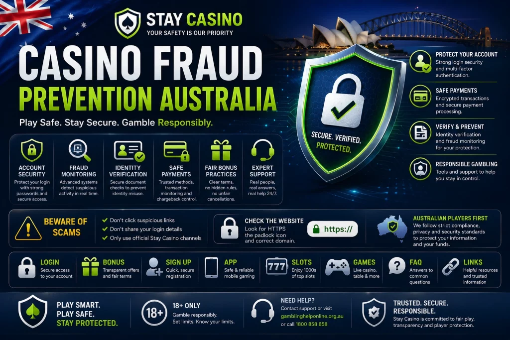Stay Casino Casino Fraud Prevention Australia banner featuring secure account protection, fraud monitoring, identity verification, encrypted payments, fair bonus practices, responsible gambling tools, Australian compliance standards, scam warning tips, and cybersecurity shield graphics for safer online casino use.