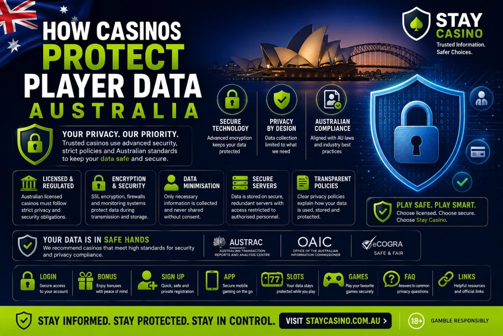 Stay Casino How Casinos Protect Player Data Australia banner featuring secure online casino data protection, privacy-focused account security, encrypted payments, safe login systems, identity verification safeguards, Australian compliance standards, cybersecurity shield icons, and responsible gambling protection tools.