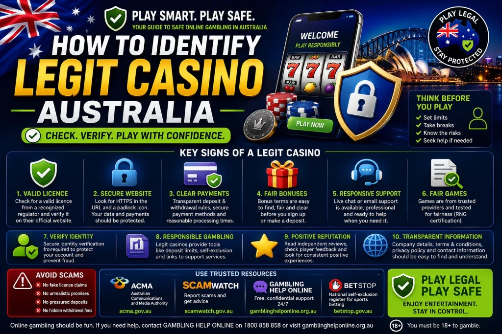 Stay Casino How to Identify Legit Casino Australia banner featuring a safe online gambling checklist, valid licence verification, secure website protection, transparent payments, fair bonus terms, responsive support, trusted game providers, responsible gambling tools, ACMA, Scamwatch, Gambling Help Online, and BetStop resources for Australian players.