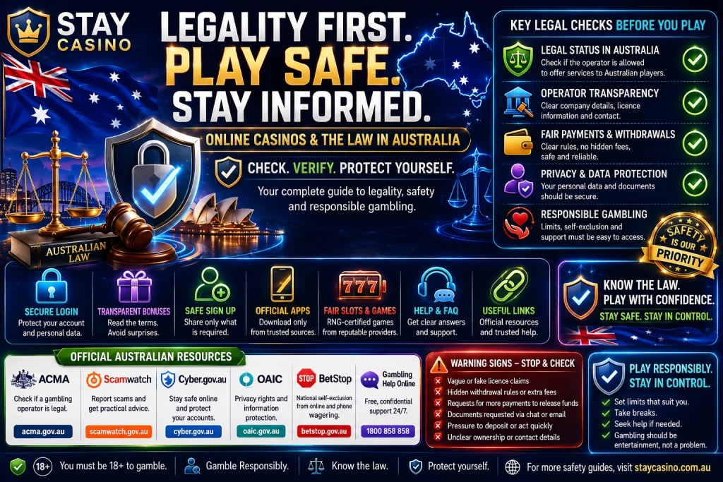 Stay Casino Legality banner featuring online casino law in Australia, legal status checks, operator transparency, secure login, transparent bonuses, safe sign-up, official apps, fair slots and games, FAQ support, useful links, ACMA, Scamwatch, Cyber.gov.au, OAIC, BetStop, Gambling Help Online, warning signs, and responsible gambling guidance.