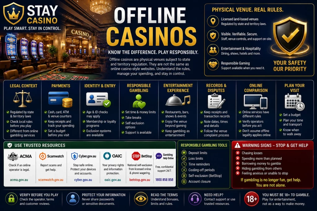 Stay Casino Offline Casinos banner featuring land-based casino guidance, legal context, payments, identity and entry checks, responsible gambling tools, entertainment facilities, records and disputes, online casino comparison, trusted Australian resources, warning signs, and safe gambling support.