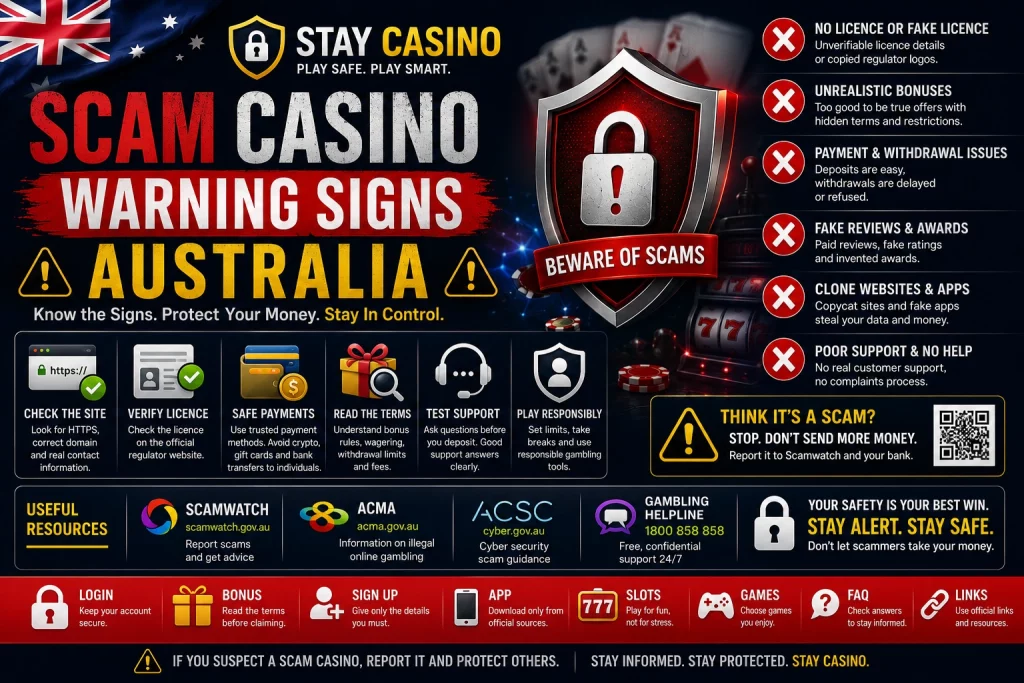 Stay Casino Scam Casino Warning Signs Australia banner featuring online casino scam alerts, fake licence warnings, suspicious bonus offers, unsafe payment methods, blocked withdrawals, clone website risks, fake app protection, Scamwatch and ACMA resources, cybersecurity icons, and responsible gambling safety guidance for Australian players.