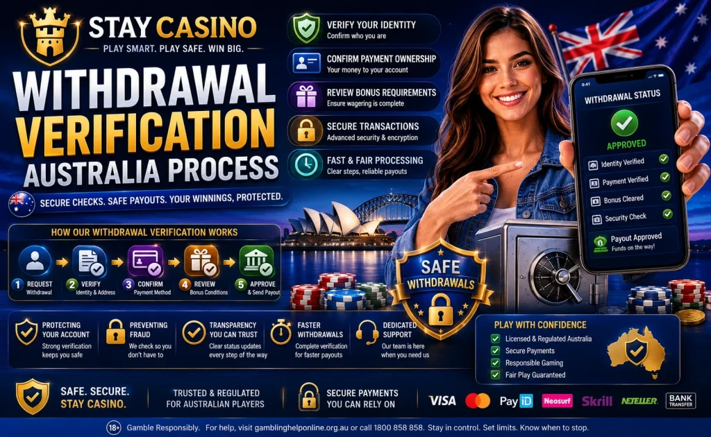 Withdrawal Verification Australia Process banner for Stay Casino featuring secure payout verification, identity and payment ownership checks, approved withdrawal status on mobile app, Australian skyline with Sydney Opera House and Harbour Bridge, casino chips, security shield, safe withdrawals, and premium blue-gold online casino security design.
